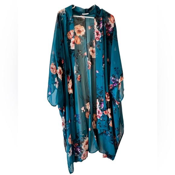 Teal Floral Kimono 2XL - Picture 2 of 3